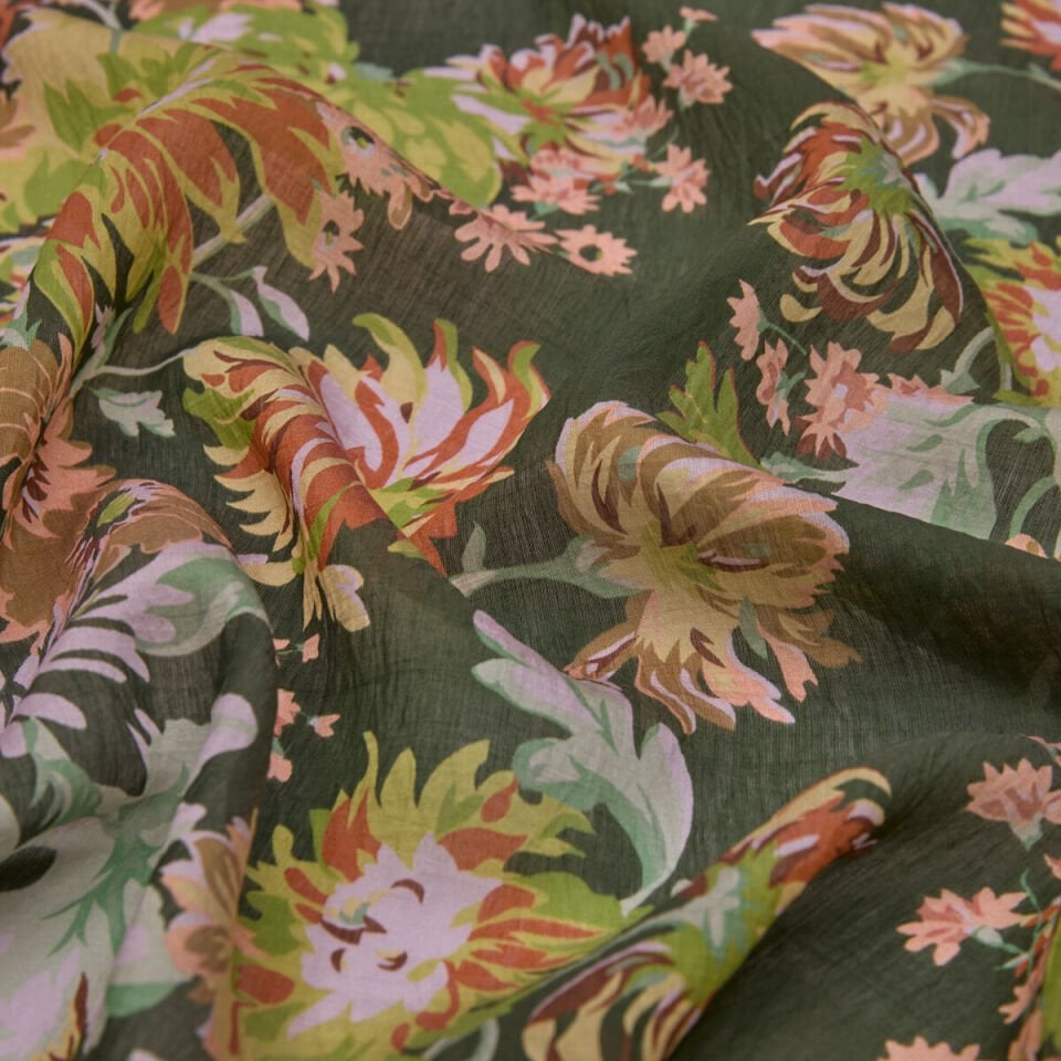 İpekevi Haki Yeşili Kasımpatı Desenli Tensel Şal 02144